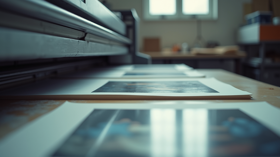 Eye-level view of a printing workshop with large format prints drying