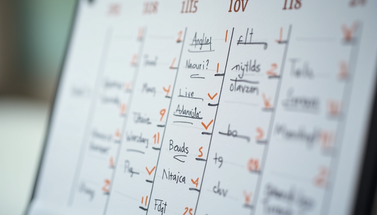 Close-up of a calendar with marked daily tasks and checkmarks