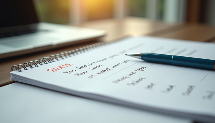Close-up view of a notebook with handwritten goals and a pen