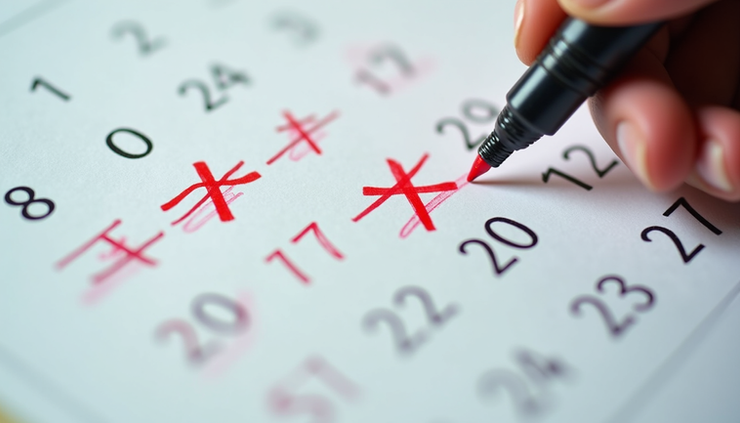 Close-up view of a calendar with multiple dates crossed out