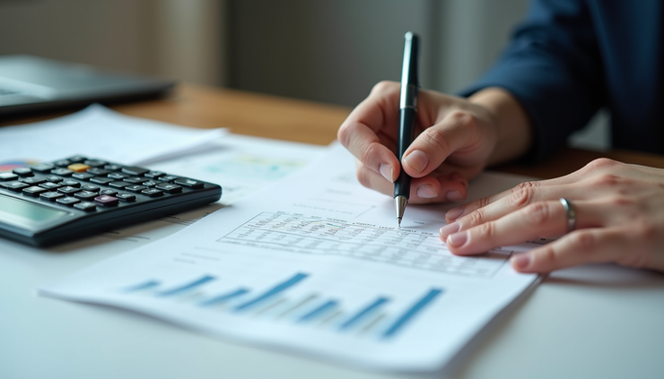 High angle view of a person reviewing financial documents and a calculator on a desk