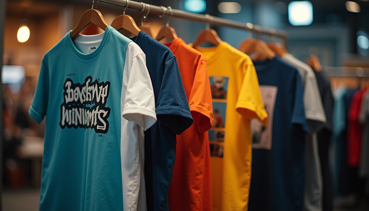 Eye-level view of a streetwear clothing rack with bold graphic tees