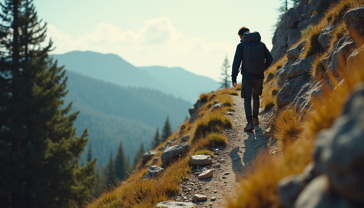 High angle view of a man hiking on a rocky trail with a backpack