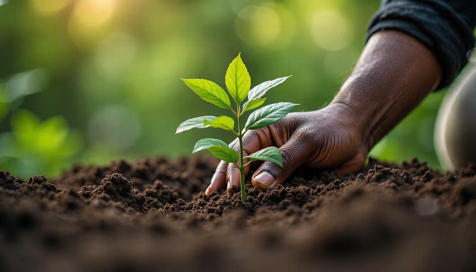 A person planting a small tree represents growth and building a meaningful future inspired by Daraine Delevante's journey