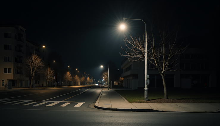 Eye-level view of a dimly lit urban street corner with a single streetlamp