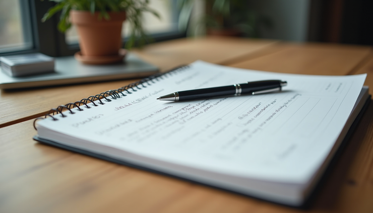 Close-up of a notebook with handwritten strategy notes and a pen
