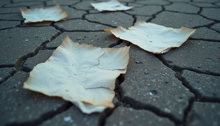 High angle view of a cracked urban pavement with scattered papers