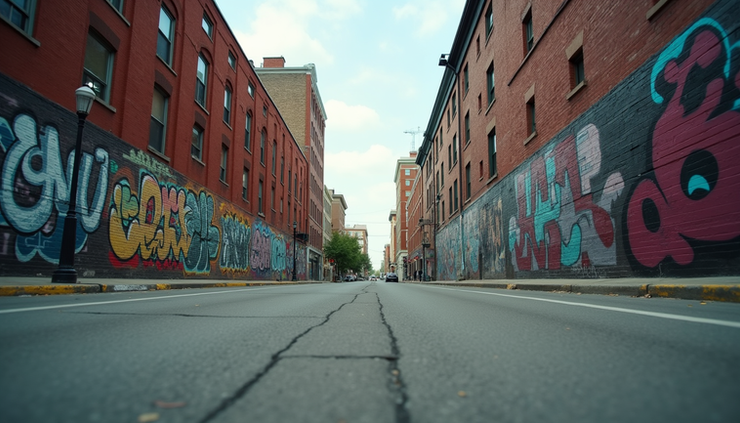 Eye-level view of Milwaukee Eastside street with urban buildings and graffiti