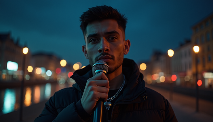 Eye-level view of a rapper holding a microphone with a cityscape background