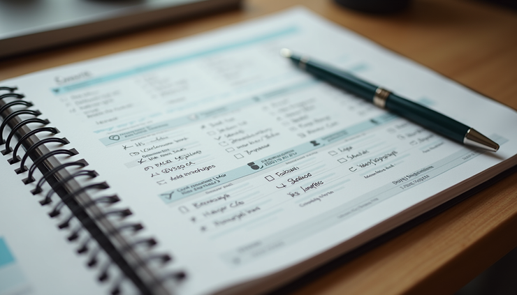 High angle view of a notebook with financial plans and a pen on a wooden desk