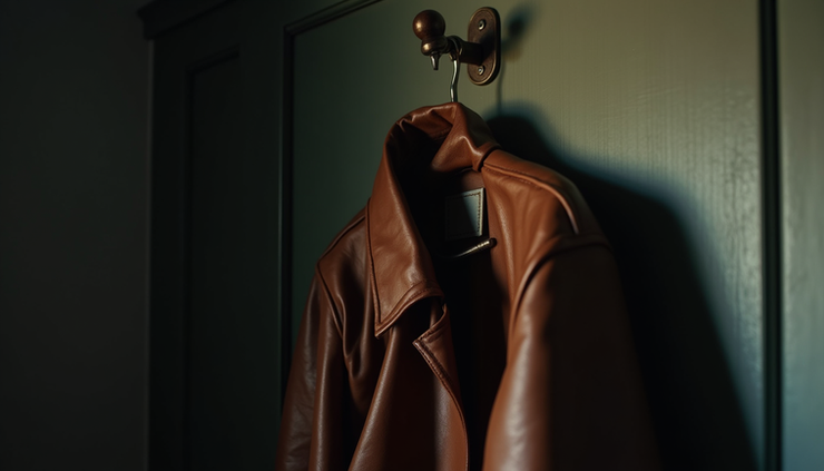 Close-up view of a worn leather jacket hanging on a hook in a dimly lit room