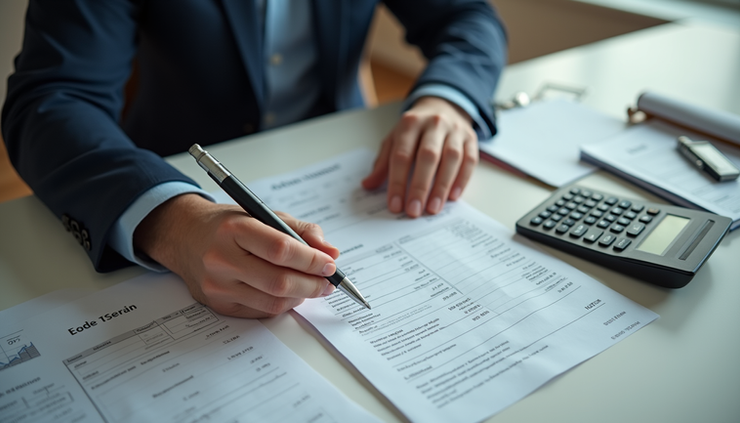 High angle view of a man reviewing his budget and financial documents at home