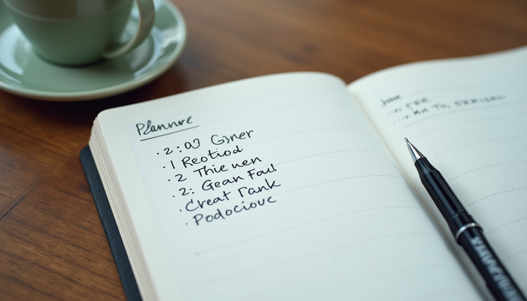 Close-up of a notebook with a daily planner and a pen on a wooden desk