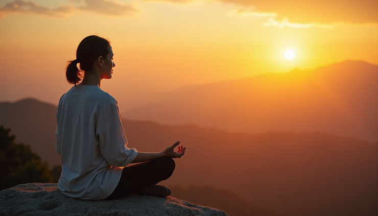 High angle view of a person meditating outdoors at sunrise, symbolizing mental clarity and focus