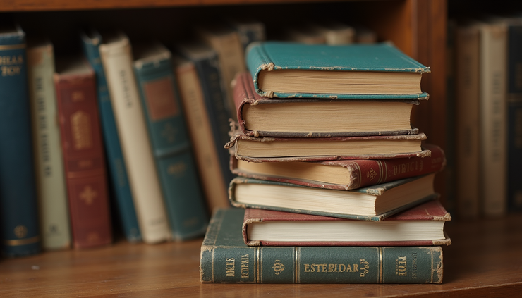 High angle view of a stack of vintage paperback books with worn covers