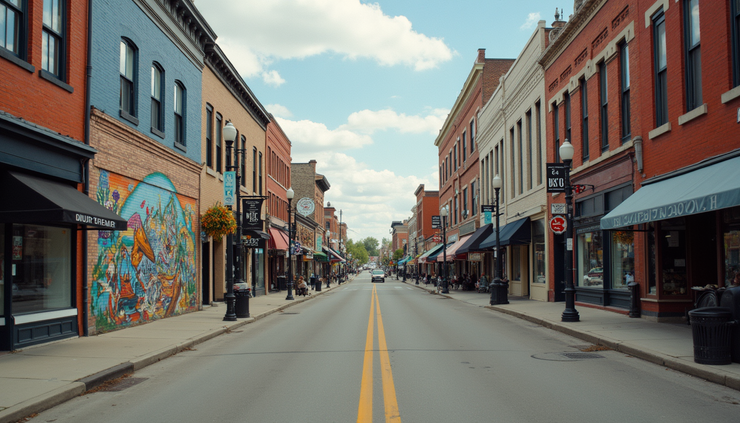 High angle view of a Milwaukee street with murals and local shops