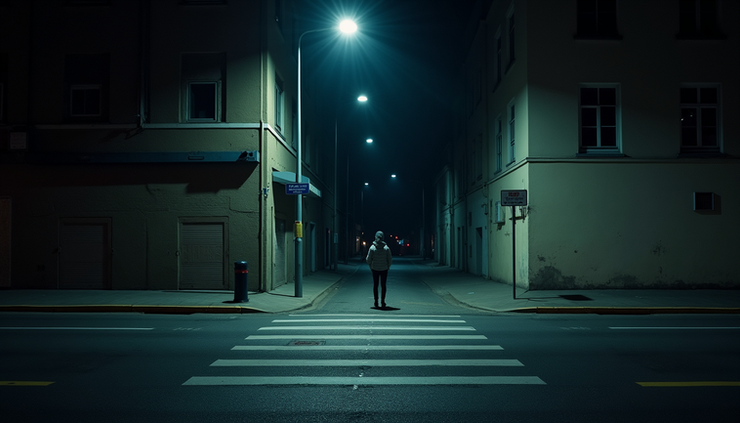 Eye-level view of a dimly lit urban street corner with a lone figure standing