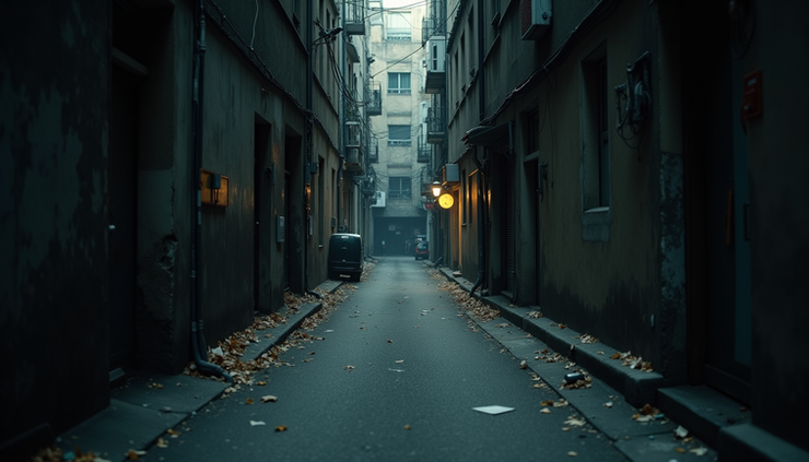 High angle view of a quiet urban alley with scattered debris