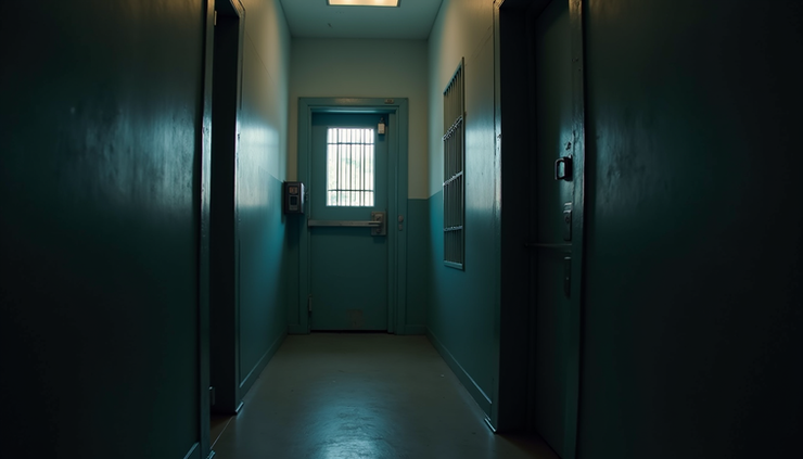 Eye-level view of a prison cell door with bars and a small window