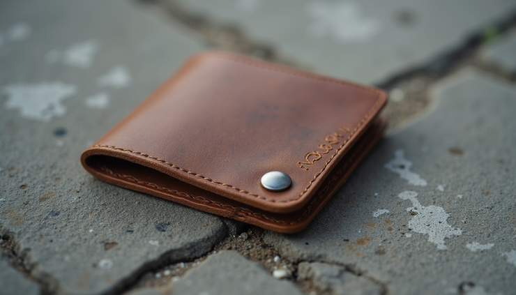 Close-up view of a worn leather wallet on a cracked concrete surface