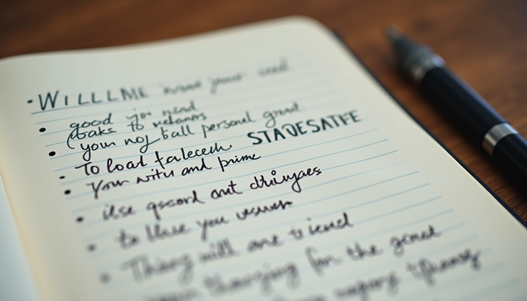 Close-up view of a notebook with handwritten notes on leadership strategies
