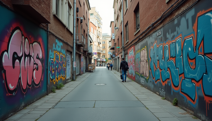 Eye-level view of a dimly lit urban street corner with graffiti walls