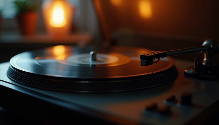 High angle view of a vinyl record spinning on a turntable in a dimly lit room
