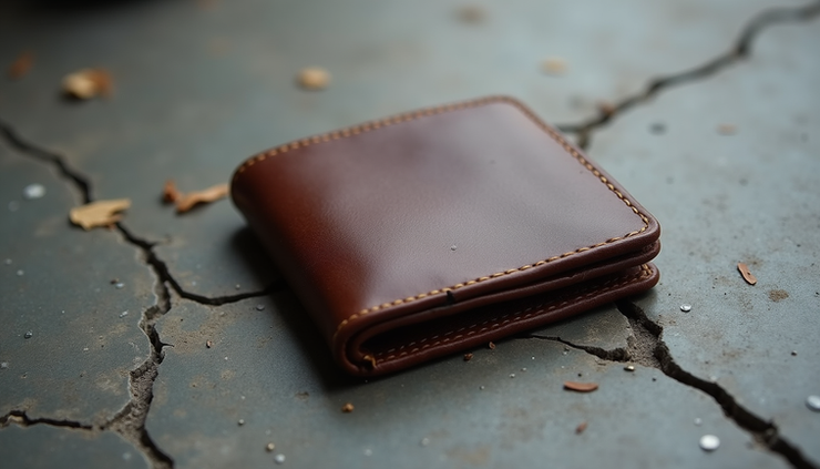Close-up view of a worn leather wallet on a cracked concrete surface