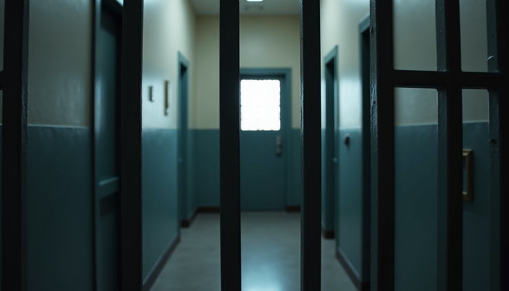 Eye-level view of a prison cell door with bars and a small window