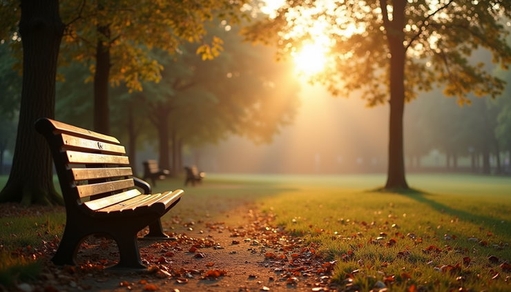 High angle view of a quiet park bench in early morning light