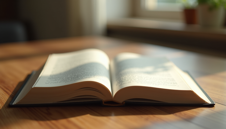 Eye-level view of a worn book lying open on a wooden table