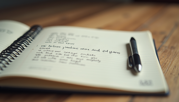 Eye-level view of a notebook with multiple plans written down