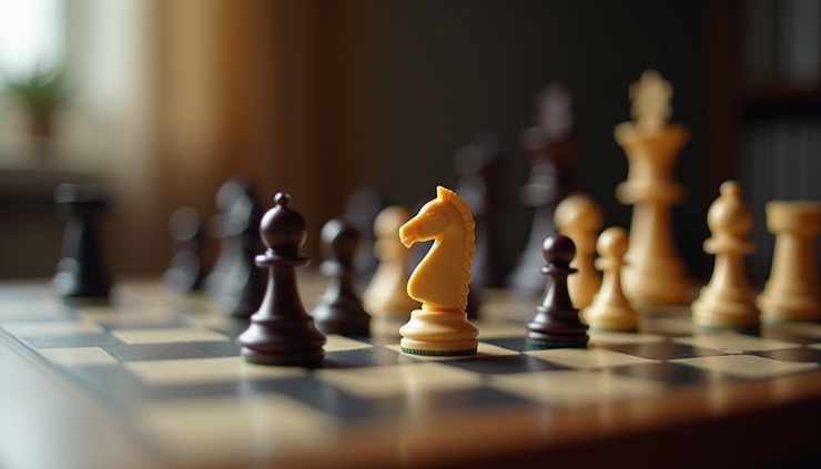 Close-up view of a chessboard with strategic pieces in play symbolizing calculated moves
