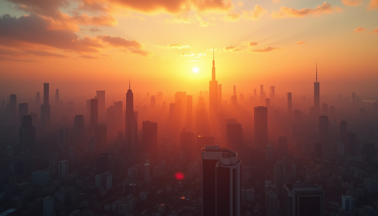 High angle view of a sunrise over a city skyline, symbolizing hope and new beginnings