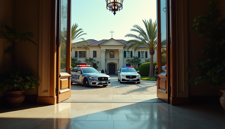 Eye-level view of a luxury mansion entrance with police vehicles parked outside