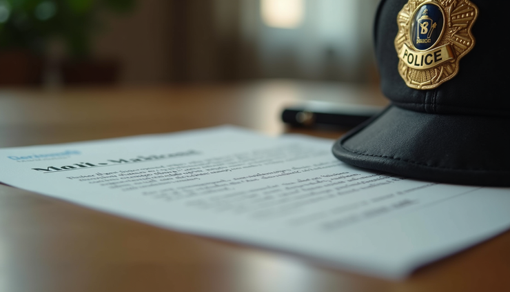 Close-up of a script and police badge on a wooden table