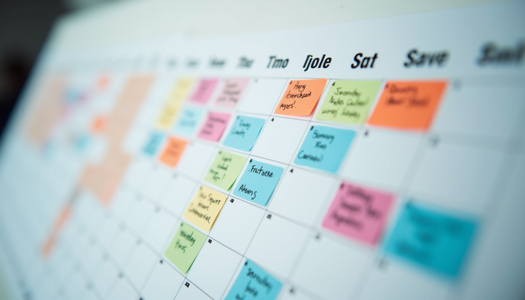 Close-up of a calendar with multiple plans and deadlines marked