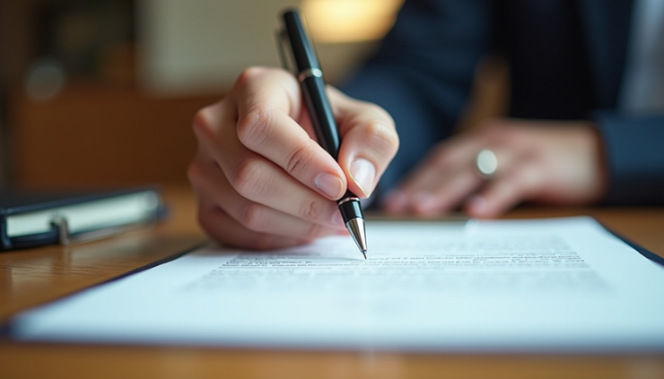 Close-up view of a hand holding a pen over a contract document on a wooden table