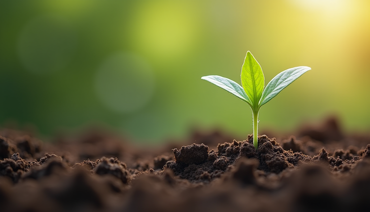 Eye-level view of a single seedling growing in soil