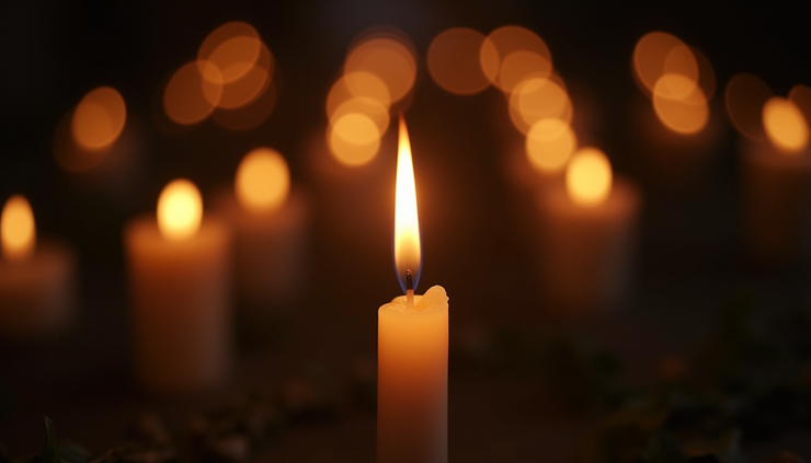 Eye-level view of a candlelit vigil with a single candle glowing in the dark
