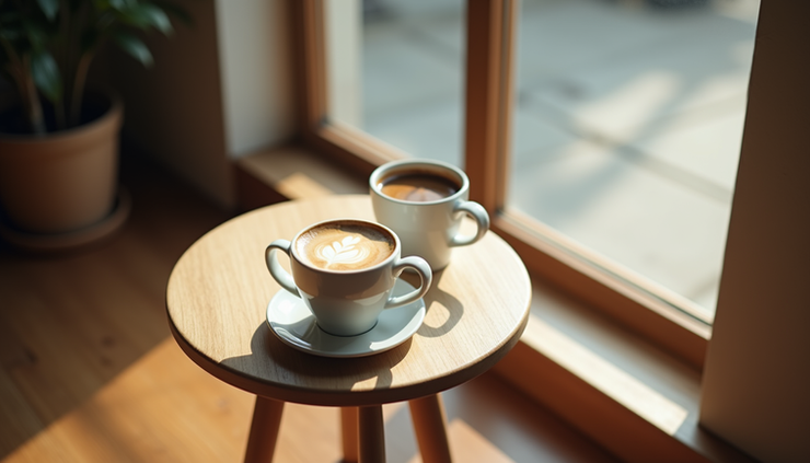 High angle view of two coffee cups on a small table near a window