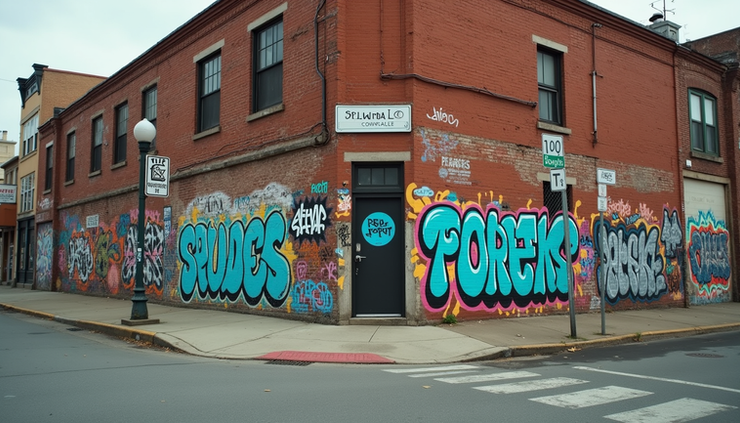 Eye-level view of a Memphis street corner with graffiti walls and street signs