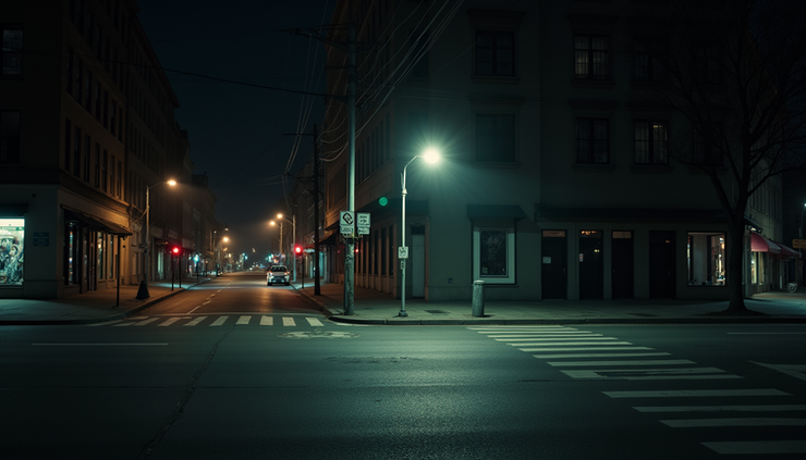 Eye-level view of a dimly lit urban street corner at night