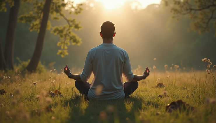 High angle view of a man meditating outdoors surrounded by nature