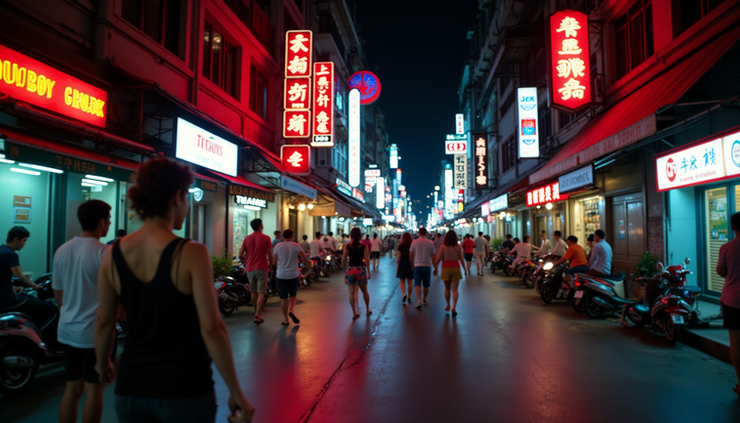 Eye-level view of Soi Cowboy street lit up with neon signs and bustling nightlife