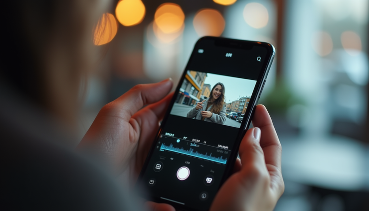 Close-up of a smartphone screen showing a creative content creator editing a video