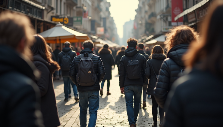 Eye-level view of a crowded street with people engaged in conversations