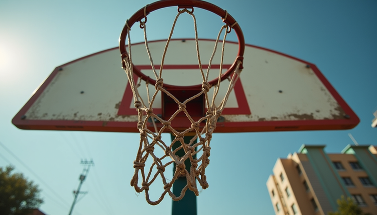 Close-up view of a worn basketball hoop in an urban neighborhood playground