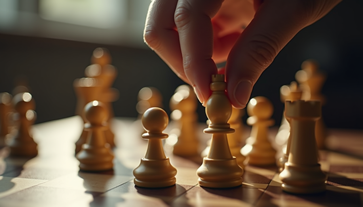 Close-up view of a chessboard with a hand moving a piece, symbolizing strategy and control