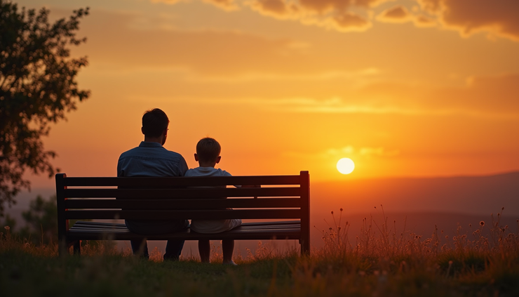 High angle view of a father and son sitting on a bench watching a sunset